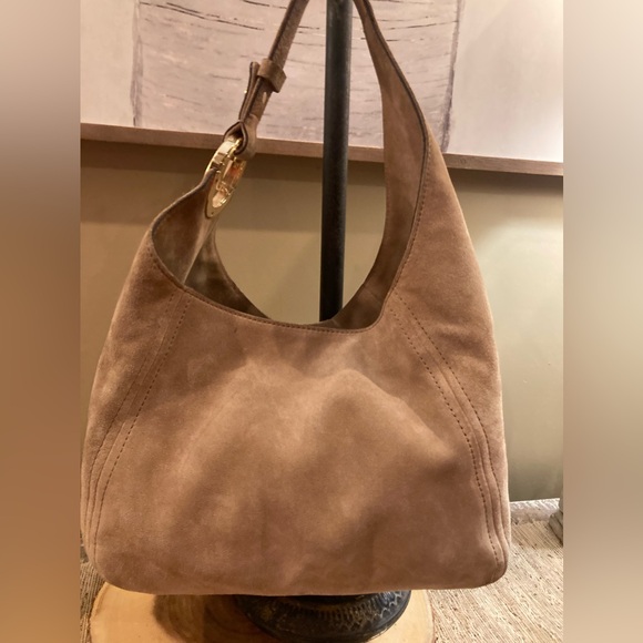 Michael Kors Fulton Suede Tan Leather Slouchy Bold Gold Logo Hobo Shoulder Bag - Picture 7 of 12